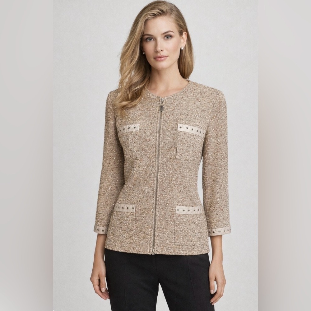 St John Santana Knit Zip Jacket Beige Gold Size 10